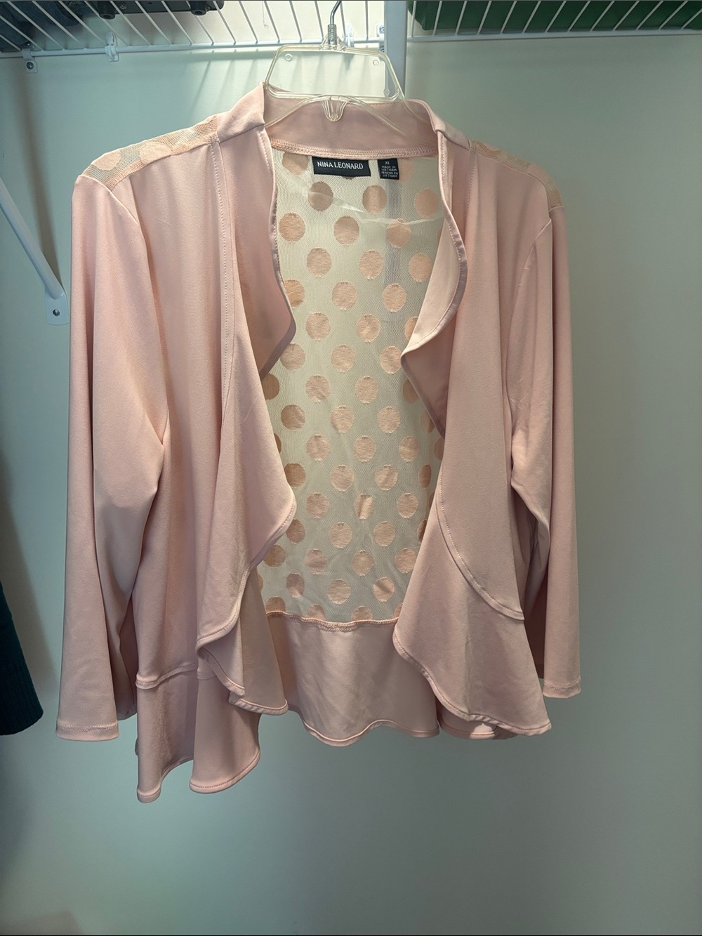 Nina Leonard Soft Pink Sheer Polka Dot Open Front Cardigan